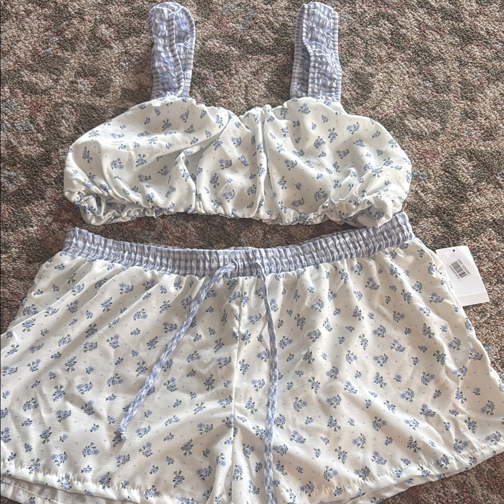 Women's Blue Floral Two-Piece Sleep Set size XL fun print